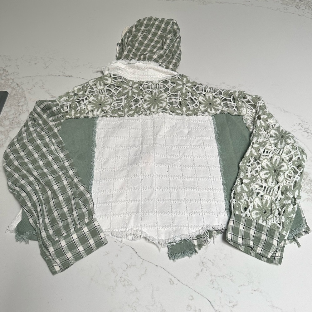 Miss Me Green Plaid Jean Jacket with Lace. Size Medium. - Picture 2 of 3
